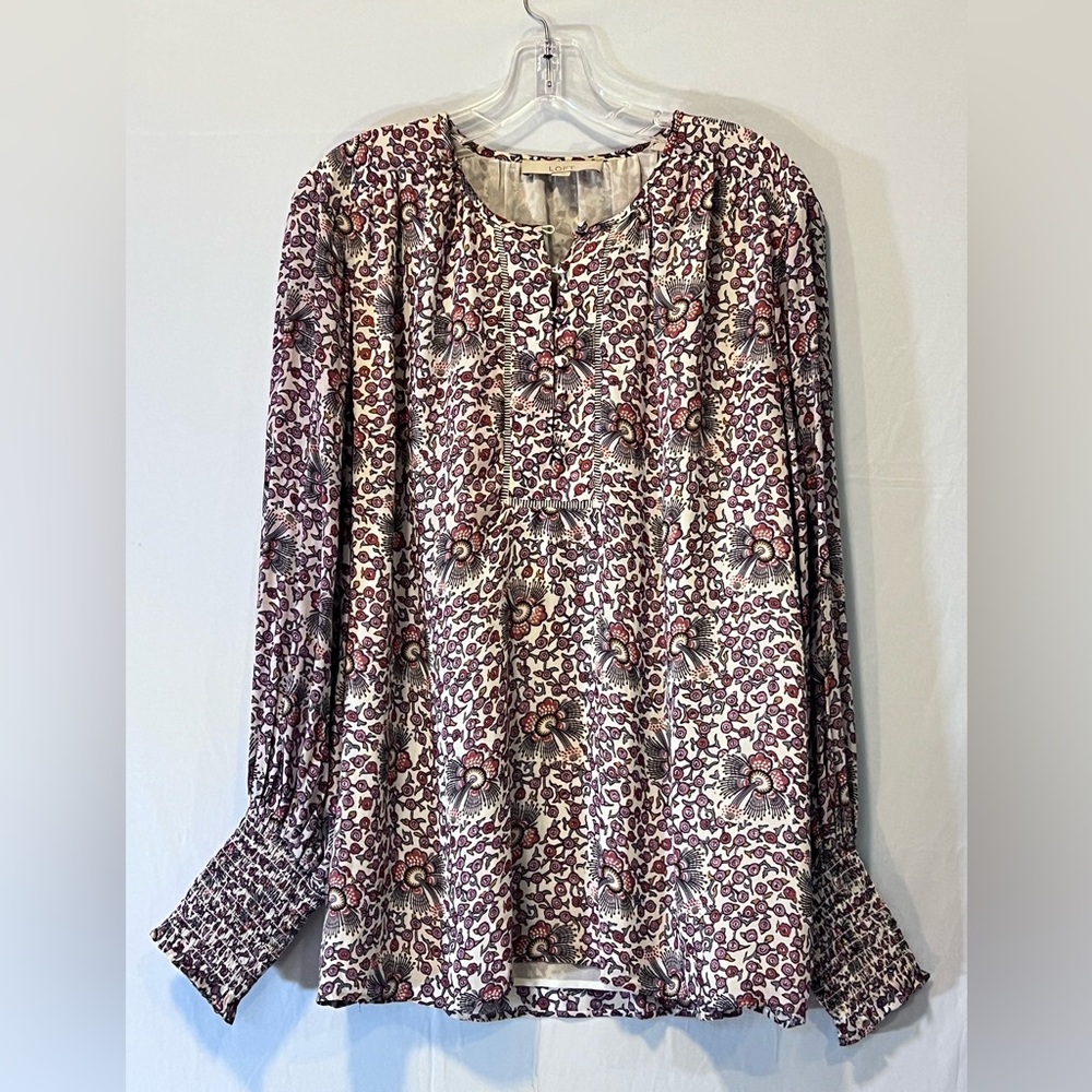 LOFT Floral Smocked Cuff Blouse Long Sleeve Top Split Neck Pink Multi Size L